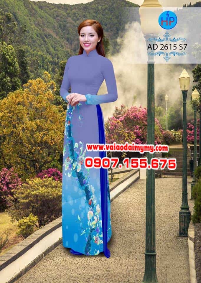 Vải Áo Dài In Hình Hoa Màu Xanh Trên Tà Áo Ad 2615 - Vải Áo Dài My My