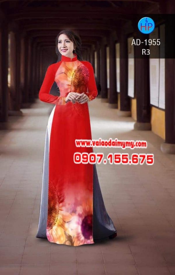 vai-ao-dai-in-hinh-hoa-huong-duong-to-tren-duoi-mau-do