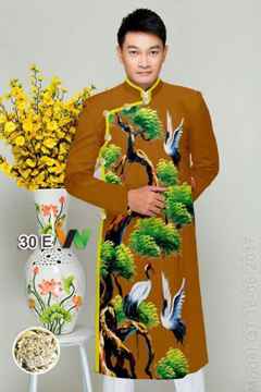 Vải áo dài nam hình cây và chim AD IW30 23
