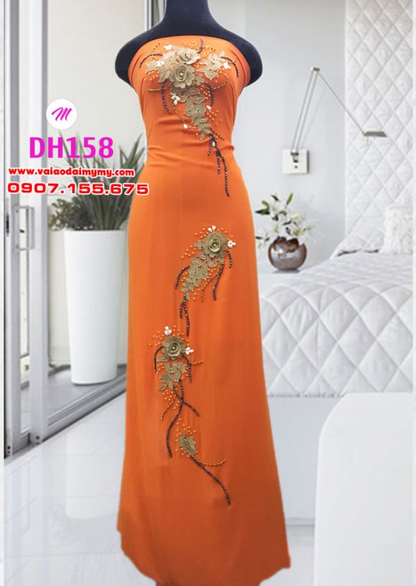 vải áo dài cao cấp màu cam đính hoa vải (1)