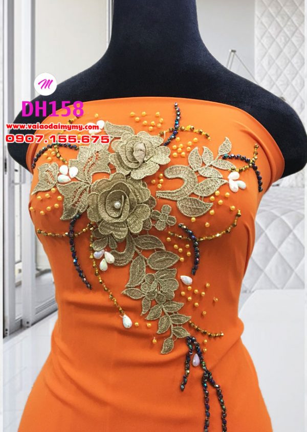 vải áo dài cao cấp màu cam đính hoa vải (1)