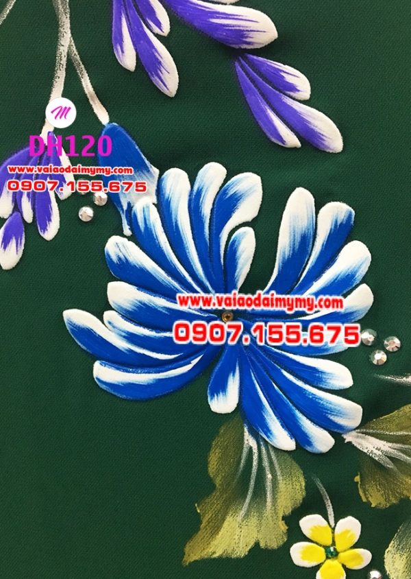 vải áo dài vẽ hoa cúc đại đoá màu xanh đậm (1)