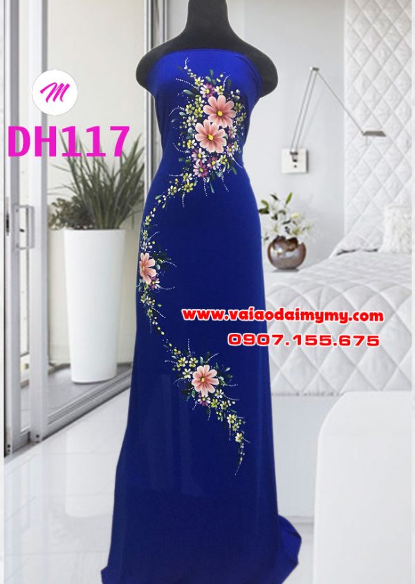 vải áo dài vẽ hoa đẹp màu xanh dương đậm (2)