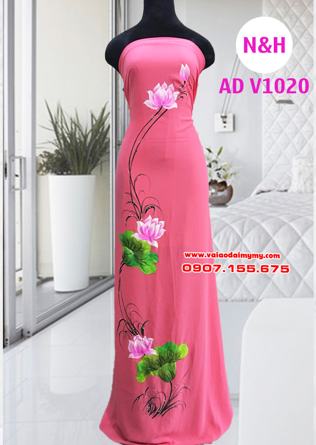 Vải áo dài vẽ hoa sen màu hồng AD V1020 - Vải áo dài My My