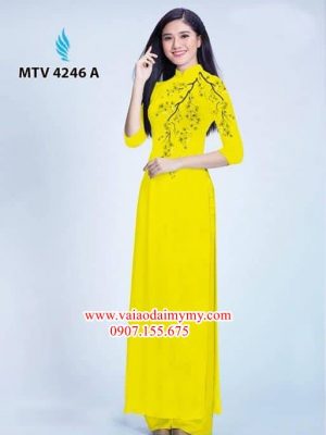 Vải áo dài hoa đào in trên áo AD MTV 4246