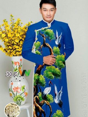 Vải áo dài nam hình cây và chim AD IW30 12