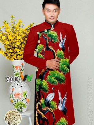 Vải áo dài nam hình cây và chim AD IW30 13