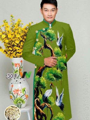 Vải áo dài nam hình cây và chim AD IW30 15