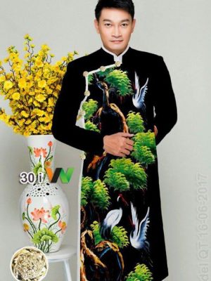 Vải áo dài nam hình cây và chim AD IW30 18