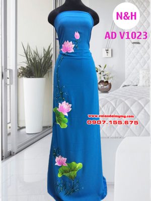 Áo dài vẽ hình hoa sen cao cấp màu xanh AD V1023 13