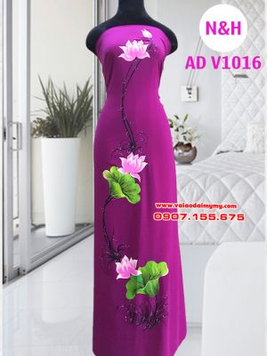 Vải áo dài vẽ hình hoa sen màu tím AD V1016 13