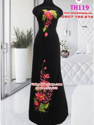 Vải áo dài màu đen thêu hoa đẹp AD TH119 13