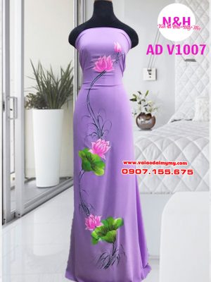 Vải áo dài vẽ hoa sen cao cấp AD V1007 13