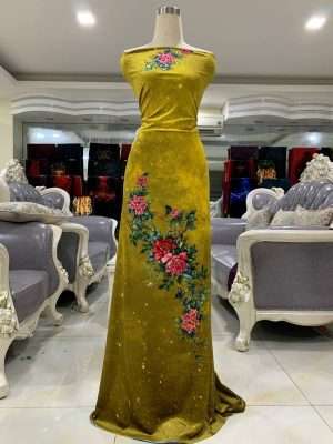 Vải Áo Dài Nhung Vàng In Hoa Cẩm Chướng AD DL 9203 6