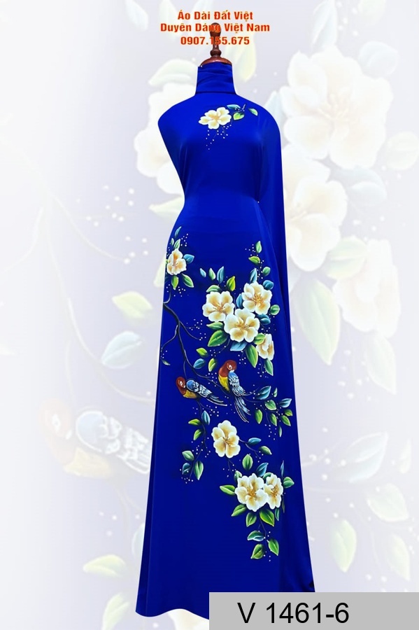 Vải Áo Dài Màu Xanh Vẽ Hoa Và Chim Vẽ AD V1461_6 2