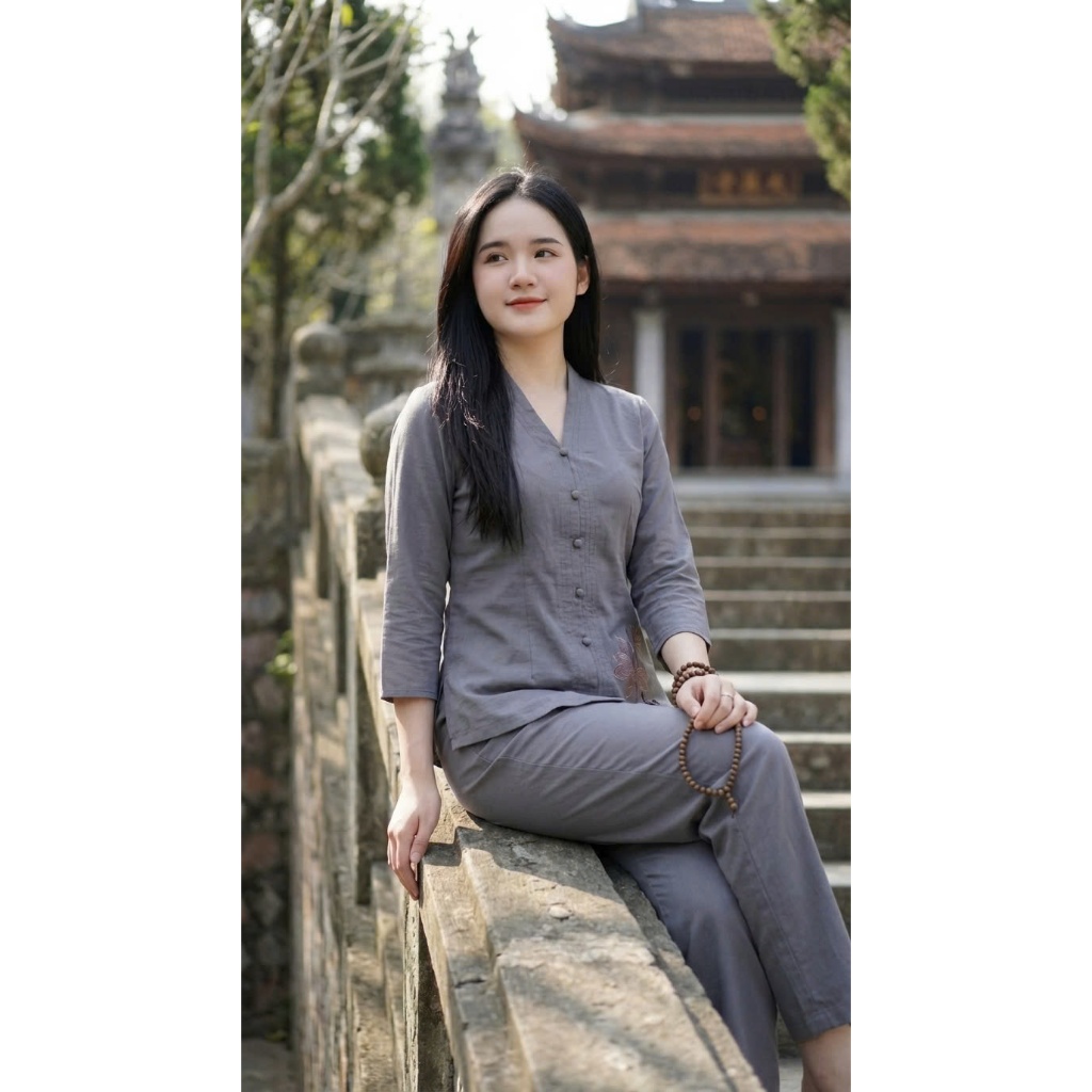 Áo Lam Đi Chùa Nữ Thêu Sen – Bộ Đồ Phật Tử Đi Lễ Chùa 1 image 2 10