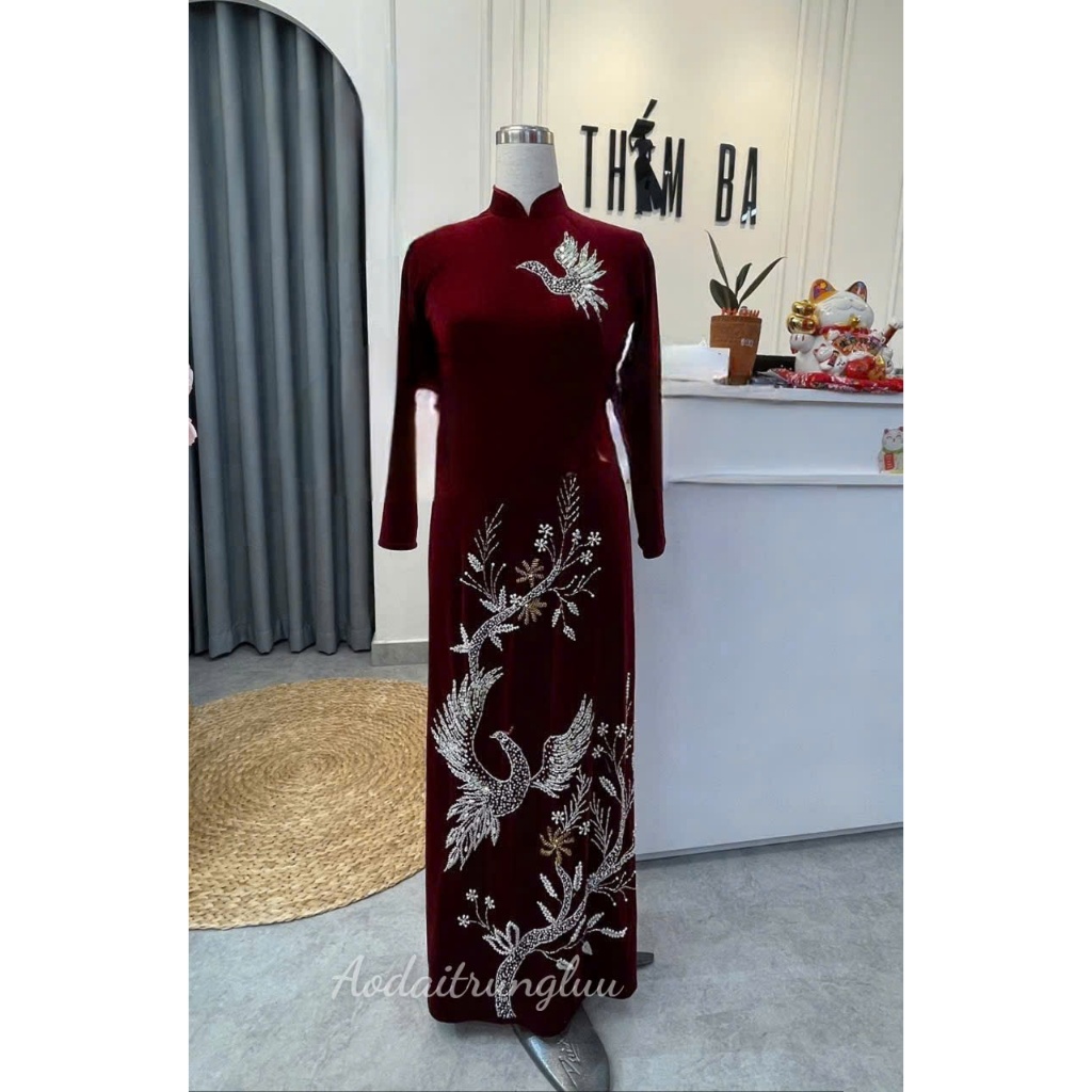 Áo dài cho mẹ ngồi sui, đi tiệc sự kiện chất liệu nhung đỏ đô loại 1 đính kết đá phale thủ công cao cấp 1 image 2