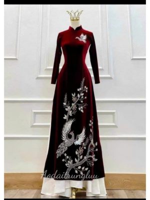 Áo dài cho mẹ ngồi sui, đi tiệc sự kiện chất liệu nhung đỏ đô loại 1 đính kết đá phale thủ công cao cấp 3 image 4 1