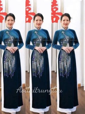 Áo dài Mẹ trung niên màu xanh cổ vịt chất liệu nhung đính kết đá thủ công 9 image 5 1