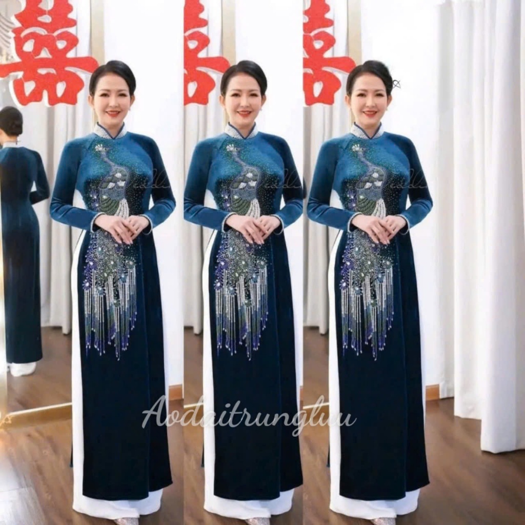 Áo dài Mẹ trung niên màu xanh cổ vịt chất liệu nhung đính kết đá thủ công 4 image 5 1