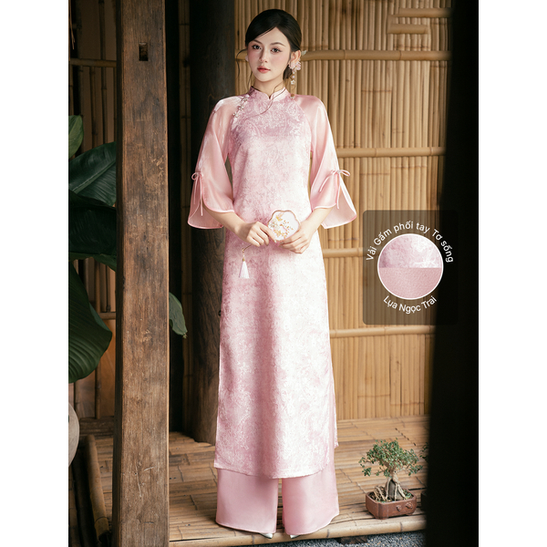 Áo Dài Cách Tân Hoa Nhã Hồng Phấn – Dáng Suông, Gấm Lụa Cao Cấp, Tay Loe Nơ Thanh Lịch 4 image 5 19