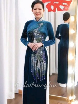 Áo dài Mẹ trung niên màu xanh cổ vịt chất liệu nhung đính kết đá thủ công 10 image 6